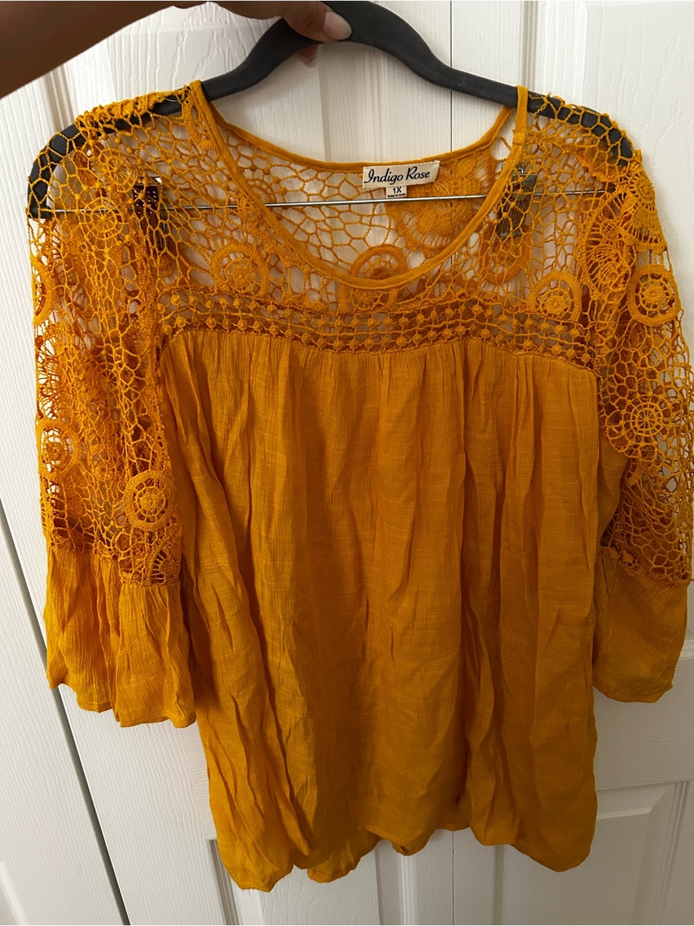 Indigo Rose Mustard Crochet Yoke Blouse